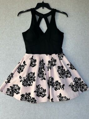 Crystal Doll Dress Size 11 Black & Light Pink Floral Fit-and-Flare Dress